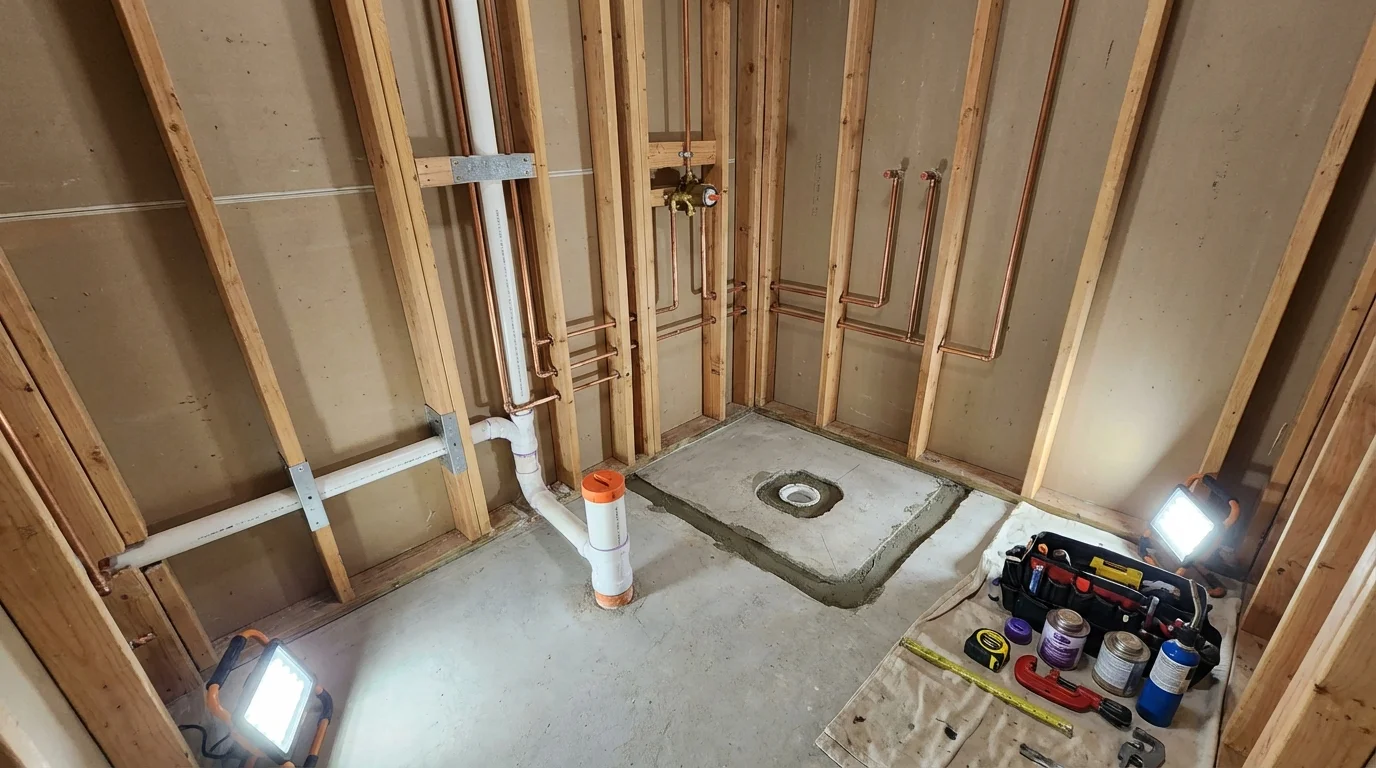 Bathroom rough-in plumbing during remodel by Johns Plumbing LLC in Hoopeston