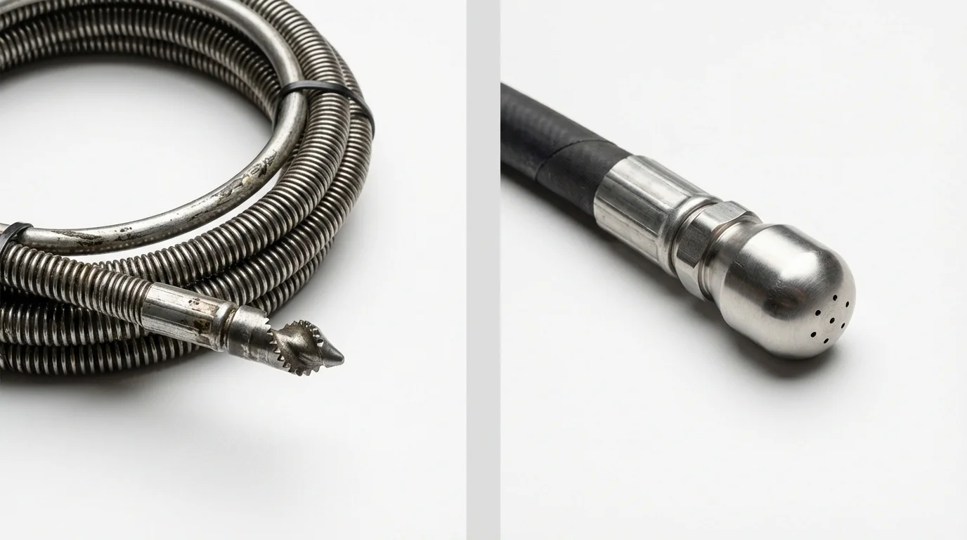 Drain snake cable and hydro jetting nozzle used for drain cleaning in Hoopeston, IL