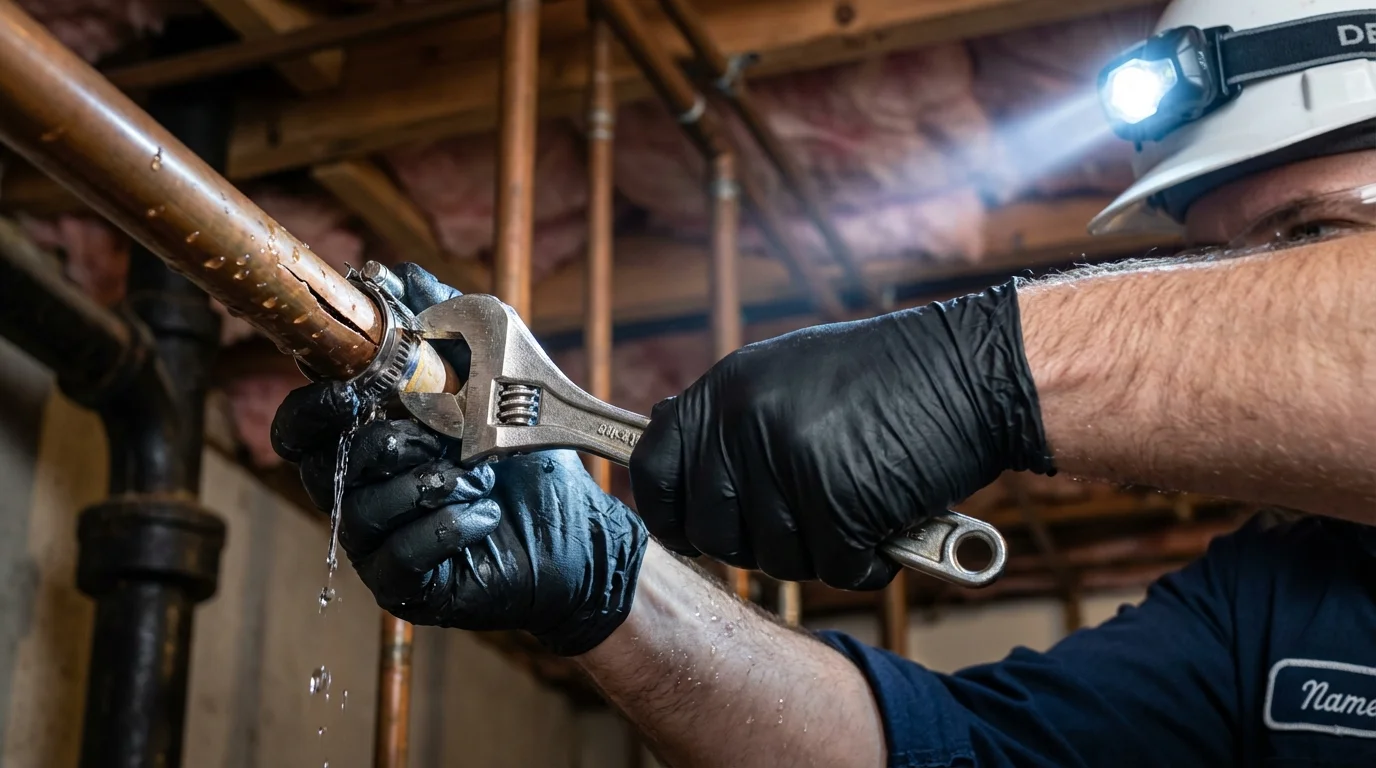 Emergency pipe clamp repair being performed by a Johns Plumbing LLC plumber in Hoopeston