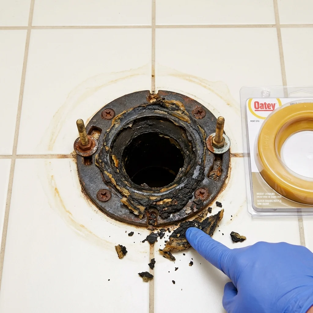 Failed wax ring showing water seepage at the base of a toilet in a Hoopeston, IL home