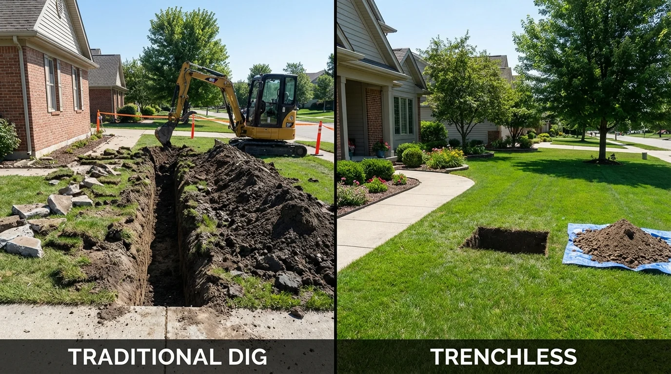 Trenchless sewer repair with minimal yard damage versus traditional excavation in Hoopeston, IL