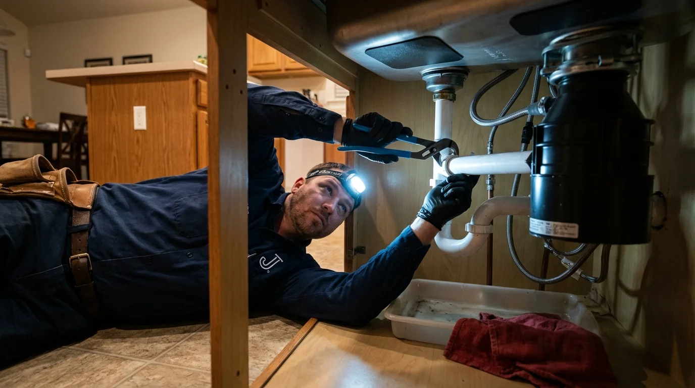 P-trap and supply line connections under a kitchen sink showing a common leak point in Hoopeston, IL